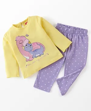 Babyhug Cotton Knit Full Sleeves Night Suit Dino Print - Yellow & Lavender
