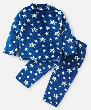 Babyhug Velour Knit Full Sleeves Winter Night Suit Stars Print - Navy Blue