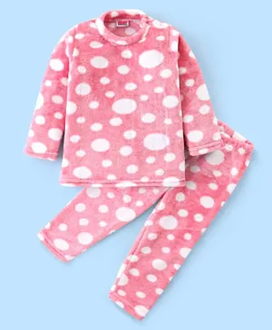 Babyhug Velour Knit Full Sleeves Winter Night Suit Circles Print - Pink