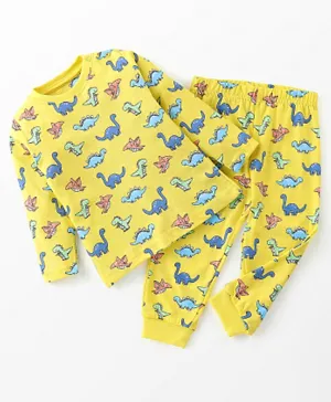 Babyhug Cotton Knit Full Sleeves Night Suit Dino Print - Yellow