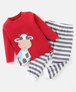 Babyhug Cotton Knit Full Sleeves Night Suit Cow Print - Red