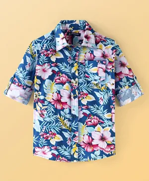 باين كيدز قميص بأكمام طويلة مطبوع بنقوش زهور من القطن الخالص 100% - أزرق