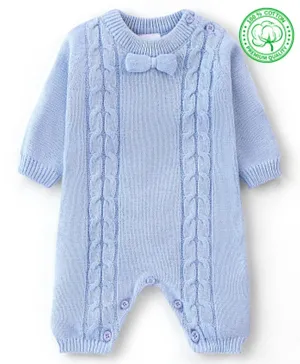 Babyhug Organic Cotton Full Sleeves Winter Wear Romper with Bow - Blue