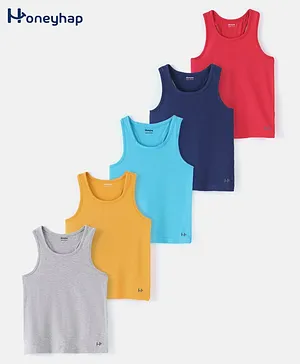 Honeyhap Premium Cotton Elastane Super Soft Stretchable Biowashed Solid Set of Vests with Silvadur Antimicrobial Finish Pack of 5 - Blue Orange & Yellow