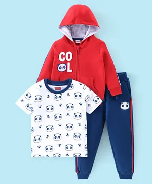 Babyhug Cotton Full Sleeves Hooded Sweatshirt & T-Shirt With Lounge Pant Set Panda Print- Blue & Red