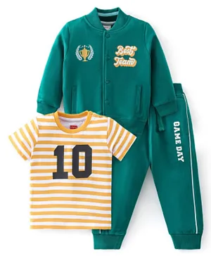 Babyhug 100% Cotton Full Sleeves  Jacket & Lounge Pants With T-Shirt Text & Number Print - Green