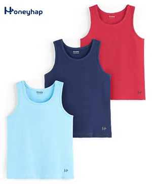 Honeyhap Premium Cotton Elastane Stretchable Solid Soft Vests with Silvadur Antimicrobial Finish Pack of 3 - Red Navy Peony & Azure Blue