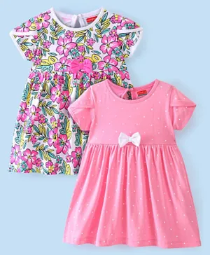 Babyhug Knit Half Sleeves Frocks with Floral Print & Bow Applique Pack of 2 - Pink