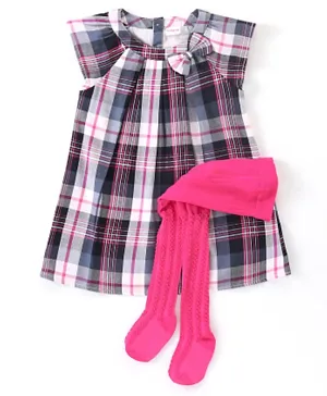 Babyhug Yarn Dyed Knit Half Sleeves Check Dress with Footed Stocking - Pink