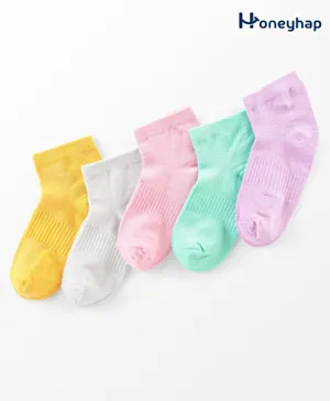 Honeyhap Premium Cotton Bamboo Terry Ankle Length Solid Colour Socks Pack of 5 - Candy Pink Ecru Melange Banana Orchid & Bouquet  Cabbage