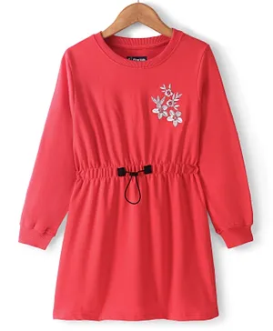 Pine Kids Full Sleeves Winter Frock With Lurex Floral Chest Embroidery - Bittersweet