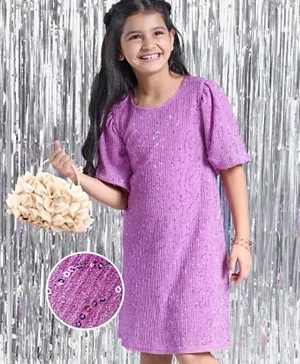 Hola Bonita Ballon Sleeves Party Wear Dress With Glitter & Sequin Detailing - Lilac