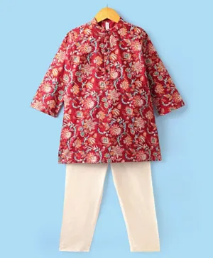 Babyhug 100% Cotton Woven Full Sleeves Kurta & Pyjama Set Floral Print - Red