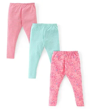 Babyhug Cotton Lycra Full Length Leggings Stripes & Dot Print Pack of 3- Pink & Blue