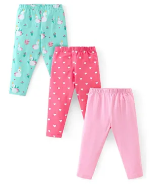 Babyhug Cotton Lycra Knit Full Length Leggings with Stretch & Heart Print Pack of 3 - Pink & Green