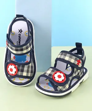 Cute Walk by Babyhug Velcro Closure Checks Musical Sandal with Football Applique - Navy Blue