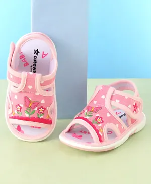 Cute Walk by Babyhug Musical Sandals With Velcro Closure & Floral Embroidery Butterfly Applique- Pink