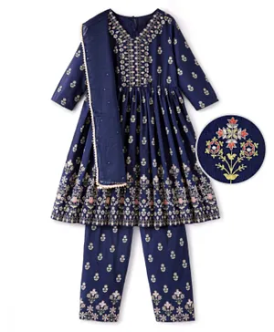 EARTHY TOUCH 100% Cotton Woven Three Fourth Sleeves Floral Printed Kurti Salwar Set with Dupatta - Navy Blue