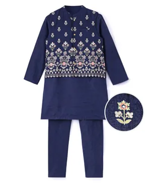 Earthy Touch 100% Cotton Woven Full Sleeves Kurta & Pyjama Set with Jacket Floral Embroidery - Navy Blue