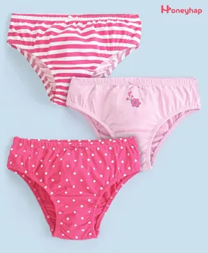 Honeyhap Premium Cotton Elastane Super Soft Stretchable Panties with Bio Finish Stripes & Polka Dot Print Pack of 3 - Pink