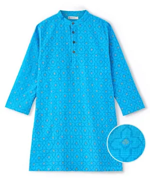 Earthy Touch Cotton Woven Full Sleeves Floral Printed Kurta - Blue