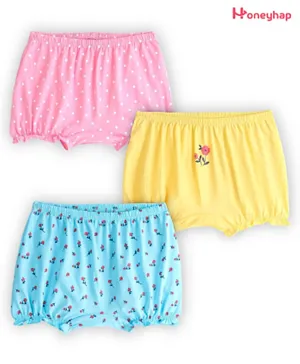 Honeyhap Premium Cotton Polka Dots Printed Bloomers with Bio Finish Pack of 3 - Blue Yellow & Pink
