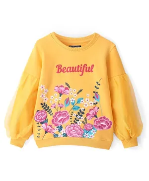 Pine Kids 100% Cotton Knit Full Sleeves Sweatshirt with Mesh Detailing & Floral Print - Freesia Yellow