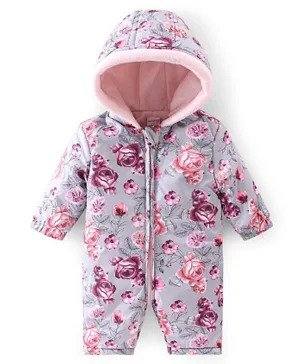 Babyhug Woven Full Sleeves Winter Wear Hooded Romper with Front Zipper Floral Print - Purple & Pink