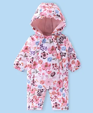 Babyhug Woven Full Sleeves Winter Wear Hooded Romper Floral Print - Multicolour