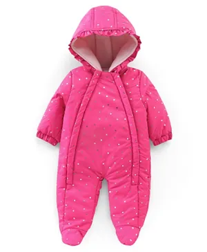 Babyhug Full Sleeves Foil Printed Hooded Winter Wear Romper - Fuchsia