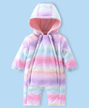 Babyhug Woven Full Sleeves Striped Winter Wear Hooded Romper - Multicolour