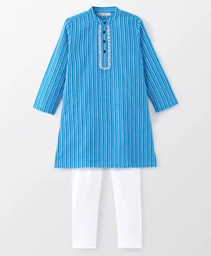 EARTHY TOUCH Cotton Woven Full Sleeves Kurta and Pajama Set Striped - Blue