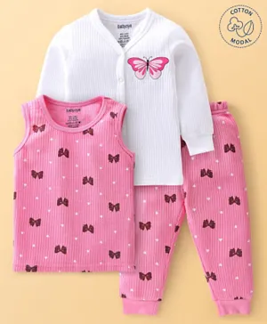 Babyoye Cotton Modal Knit Drop Needle Full Sleeves Thermal Vest & Pants Set Bow Design - Pink