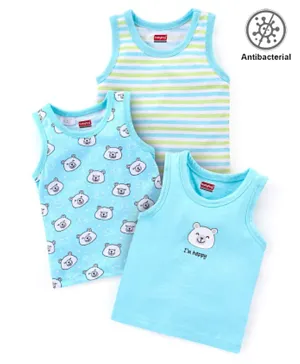 Babyhug 100% Cotton Sleeveless Antibacterial Sando Vests Stripes & Bear Print Pack of 3- Blue & Green