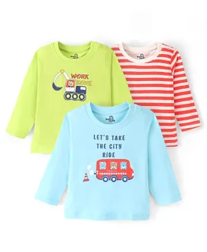 Doodle Poodle 3 Pack 100% Cotton Knit Full Sleeves T-Shirts Stripes & Bus Print - Green Blue & Red