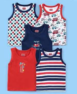 Babyhug 100% Cotton Antibacterial Sleeveless Sando Vests Stripes & Car Print Pack of 5- Blue Red & White