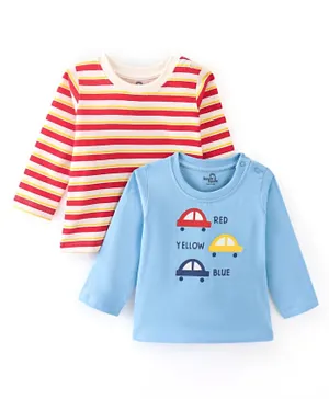 دودل بودل طقم 2 قميص بأكمام طويلة من القطن الخالص بنمط خطوط وطبعة سيارة - أزرق وأحمر