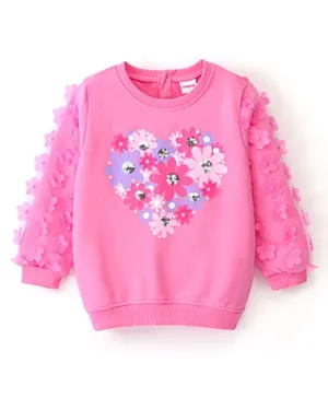 Babyhug Cotton Full Sleeves Sweatshirt with Graphics Sequins & Petal Embroidery with Mesh Sleeves Detailing - Pink