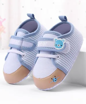 Cute Walk by Babyhug Striped Booties With Velcro Closure & Bear Patch- Blue