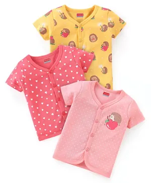 Babyhug 100% Cotton Half Sleeves Front Open Printed Vests  Pack of 3 - Pink & Yellow