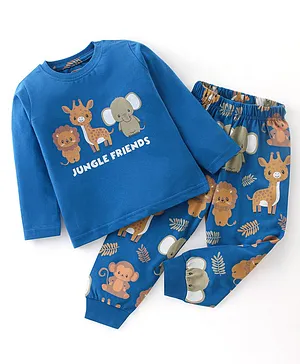 Babyhug Cotton Knit Full Sleeves Animal Print Night Suit - Blue