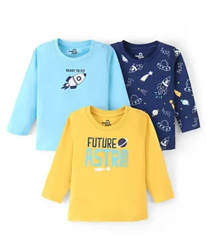 Doodle Poodle 100% Cotton Knit Full Sleeves T-Shirts Rocket & Text Print Pack of 3- Yellow Blue & Navy