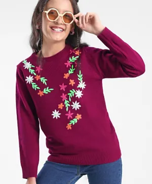 Pine Kids 100% Acrylic Full Sleeves Floral Embroidery Sweater - Voilet