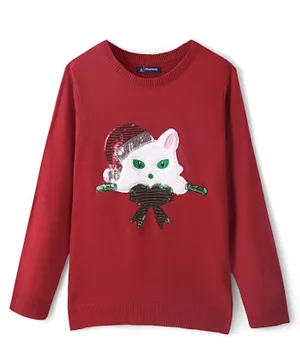Pine Kids Full Sleeves Christmas Cat Applique Pullovers - Red