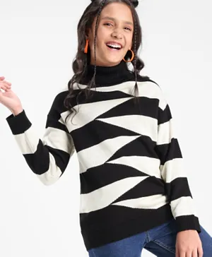 Pine Kids Full Sleeves Turtle Neck Geometric Structure Sweater - Black & White
