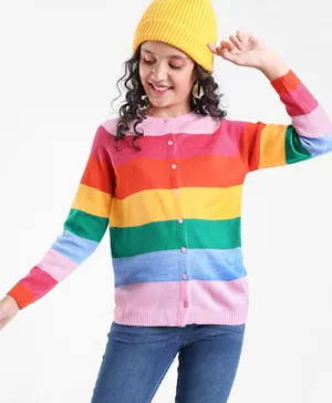 Pine Kids Acrylic Full Sleeves Stripes Cardigan Sweater - Multicolor