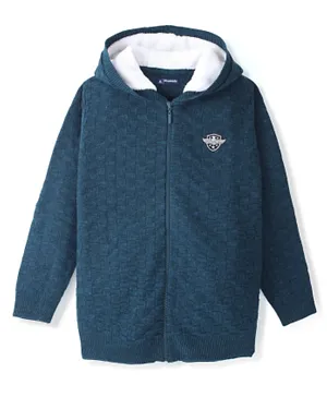 Pine Kids Full Sleeves Front Open Zipper Sweater With Hood - Teal