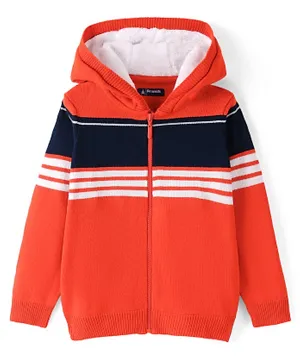 Pine Kids Knitted Full Sleeves Stiped Front Open Zipper Hooded Sweater - Orange