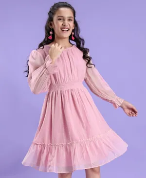Pine Kids Woven Full Sleeves Full Sleeves Foil Printed Dress - Pink