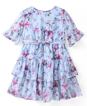 Pine Kids Woven Bell Sleeves Layered Frock Floral Print - Light Blue
